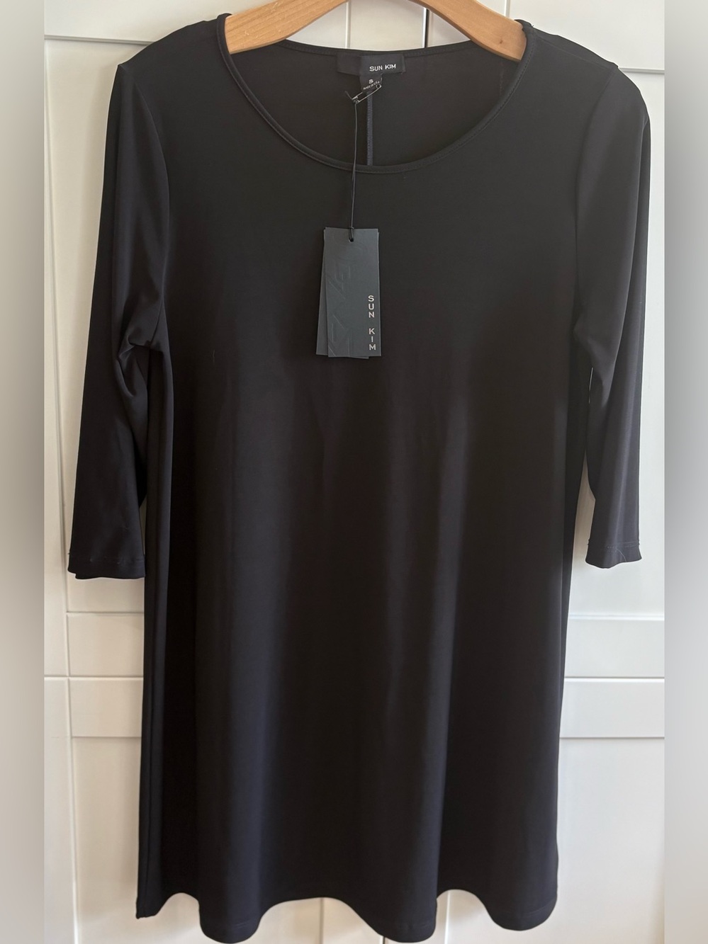 SUN KIM SMALL SCOOP NECK BLACK 3/4 SLEEVE DRESS NEW NWT STYLE: 47313